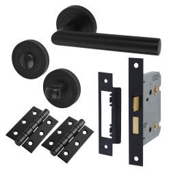 Altro Matt Black Bathroom Lock Door Handles on Rose Pack - Emily Range