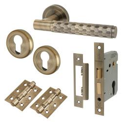 Altro Antique Brass Honeycomb Euro Lock Door Handles on Rose Pack - Cara Range