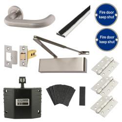 Heavy Duty Latch Door Handle on Rose Fire Door Kit & Dorgard Holder - Stainless Steel