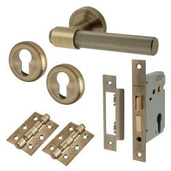 Altro Antique Brass Knurled Euro Lock Door Handles on Rose Pack - Esme Range