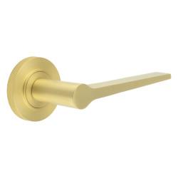 Burlington by Frelan Satin Brass Fire Rated Door Handles on Round Knurled Rose - Knightsbridge Range