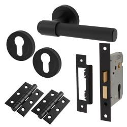 Altro Matt Black Knurled Euro Lock Door Handle on Rose Pack - Esme Range