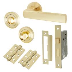 Altro Satin Brass Bathroom Lock Door Handles on Rose Pack - Zara Range