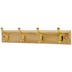 Touchpoint Hat & Coat Hook Rail - 400 x 20 x 71mm - 4 Hooks - Pine Board with Polished Brass Hooks