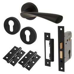 Touchpoint Matt Black Euro Lock Door Handles on Rose Pack - Ariel Range