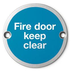 Altro Light Blue Fire Door Keep Clear Door Sign - 75mm Diameter - Satin Stainless Steel