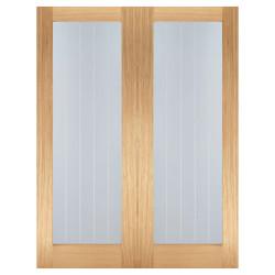 LPD Mexicano Pattern 10 Clear & Frosted Lines Unfinished Internal French Doors - 1981 x 1168mm - Oak