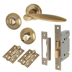 Altro Antique Brass Bathroom Lock Door Handles on Rose Pack - Lancaster Range