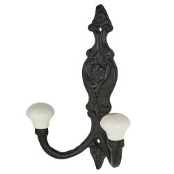 Olde Forge Double Coat Hook - 150 x 110mm - Black Iron & Porcelain