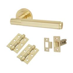 Altro Satin Brass Hexagonal Latch Door Handles on Rose Pack - Juno Range