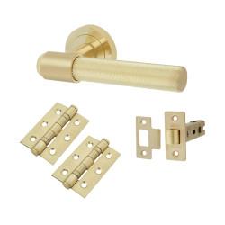 Altro Satin Brass Knurled Latch Door Handles on Rose Pack - Esme Range