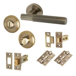 Altro Antique Brass Reeded Bathroom Deadbolt Lock Door Handles on Rose Pack - Lily Range
