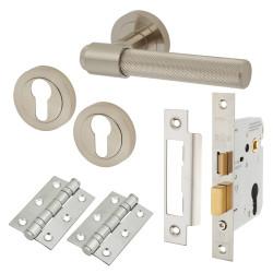 Altro Satin Nickel Knurled Euro Lock Door Handles on Rose Pack - Esme Range