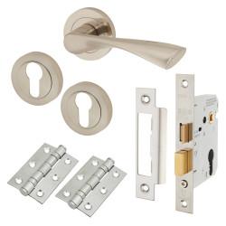 Touchpoint Satin Nickel Euro Lock Door Handles on Rose Pack - Ariel Range
