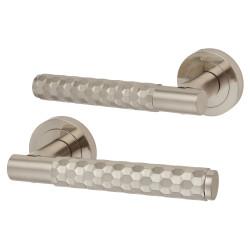 Altro Satin Nickel Honeycomb Door Handles on Round Rose - Cara Range