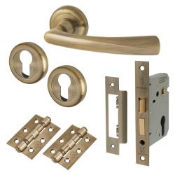 Altro Antique Brass Euro Lock Door Handles on Rose Pack - Rochester Range