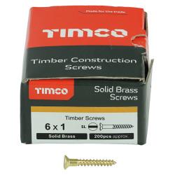 TIMCO Slotted Countersunk Wood Screws - 6 x 1" - Solid Brass - Pack of 200