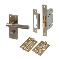 Altro Antique Brass Knurled Bathroom Lock Door Handles Pack - Remi Range