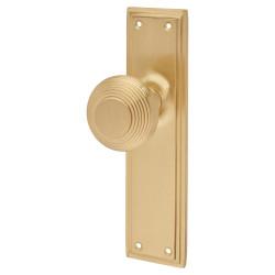 Hampstead Satin Brass Reeded Latch Mortice Door Knob on Backplate- 205 x 52mm - Miller Range