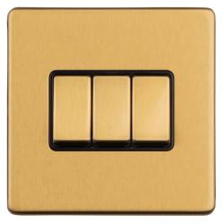 Eurolite Concealed 10A 3 Gang 2 Way Screwless Flat Plate Light Switch - Satin Brass/Black