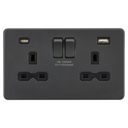 Knightsbridge 13A 2 Gang Screwless Type A/C USB Socket with 2 x USB - 4A - Anthracite/Black
