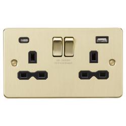 Knightsbridge 13A 2 Gang Flat Plate Type A/C USB Socket with 2 x USB - 4A - Brushed Brass/Black