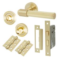 Altro Satin Brass Knurled Bathroom Lock Door Handles on Rose Pack - Esme Range