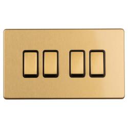 Eurolite Concealed 10A 4 Gang 2 Way Screwless Flat Plate Light Switch - Satin Brass/Black