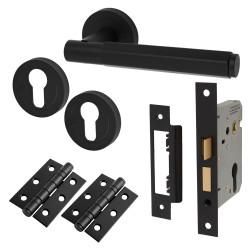 Altro Matt Black Hexagonal Euro Lock Door Handles on Rose Pack - Juno Range