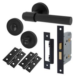 Altro Matt Black Lines Bathroom Lock Door Handle on Rose Pack - Eva Range