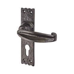 Olde Forge Metalized Antique Black Iron Tudor Euro Lock Door Handles - 159 x 38mm