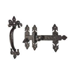 Olde Forge Metalized Antique Black Iron Fleur de Lys Thumb Latch Set