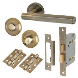 Altro Antique Brass Hexagonal Bathroom Lock Door Handles on Rose Pack - Juno Range