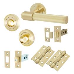 Altro Satin Brass Knurled Bathroom Deadbolt Lock Door Handles on Rose Pack - Esme Range