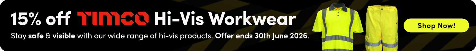 15% off TIMCO Hi Vis Workwear! Shop Now! TIMCO Hi vis discount banner - June 2026 Nav